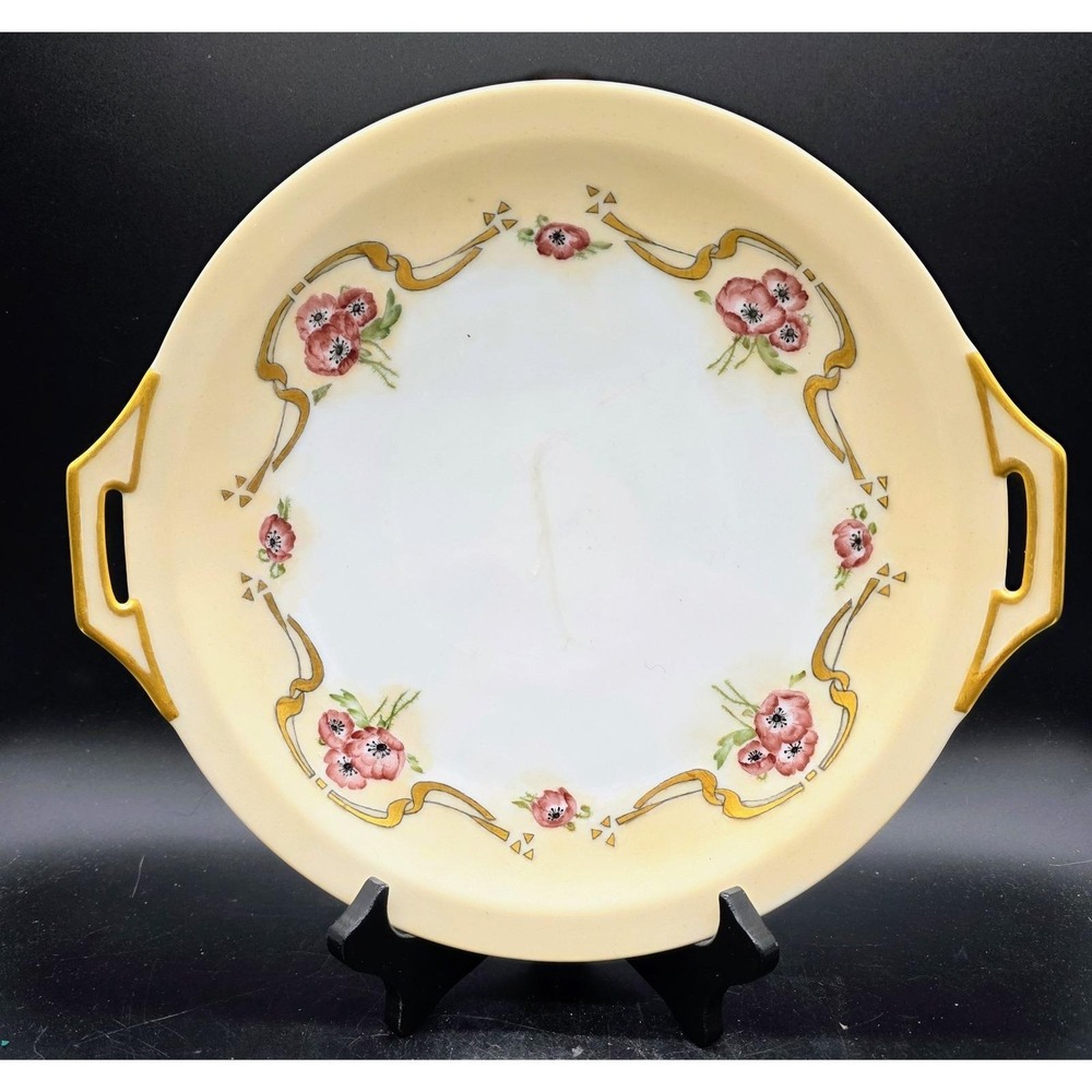 Vintage Thomas Bavaria Art Deco Hand Painted Cake Plate Handled Cherry Blossom
